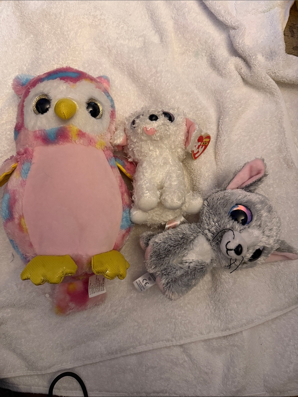 Plush Toy Trio - Multicolor Owl, White Dog , Gray wolf